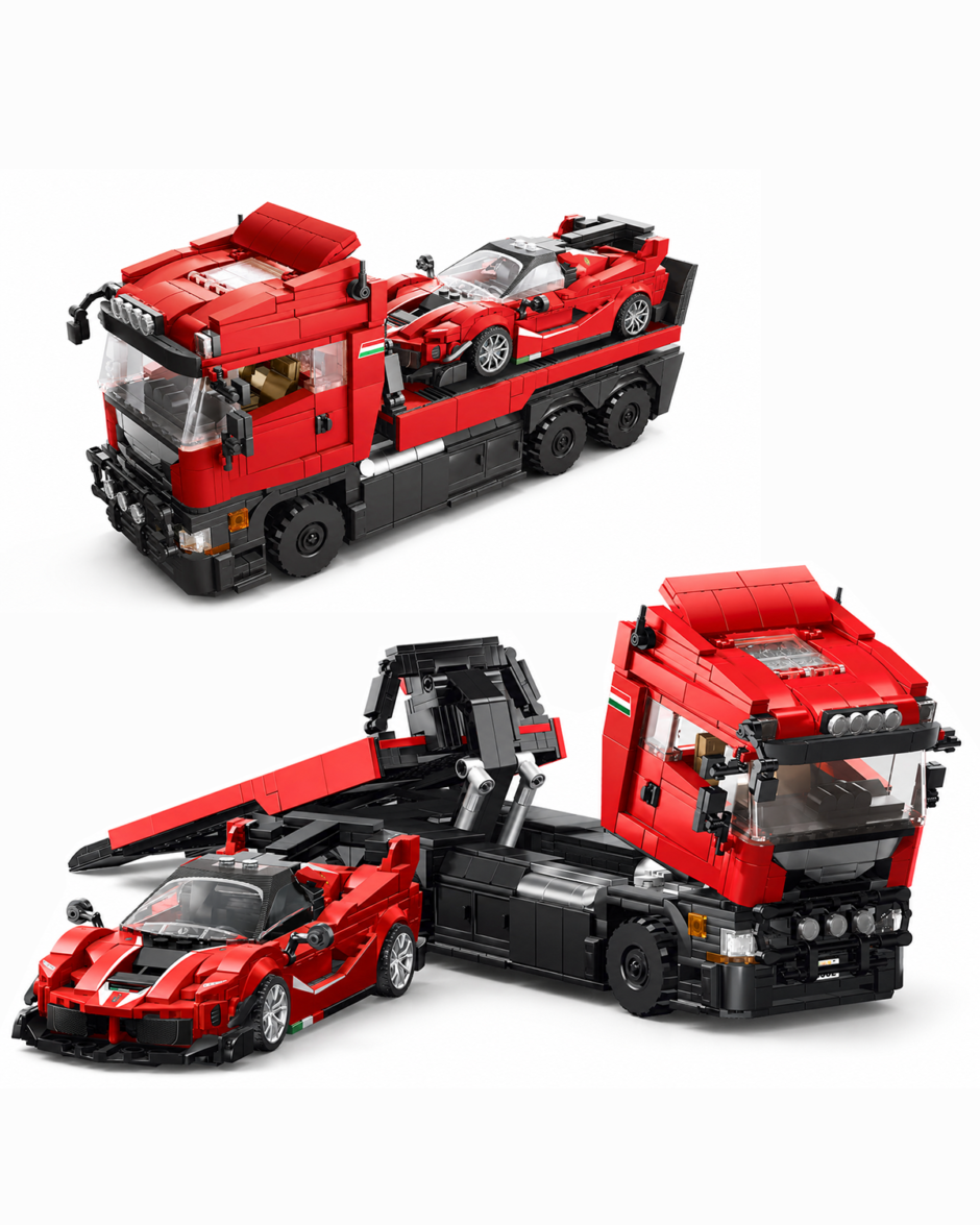 Semi Truck & Sports Car Building Set, 2-in-1 Tow Truck Model Kit with Modular Detachable Trailer, Detailed Interior & Moving Parts, 1728 PCS Brick Building Set for Adult Collectors & Car Enthusiasts